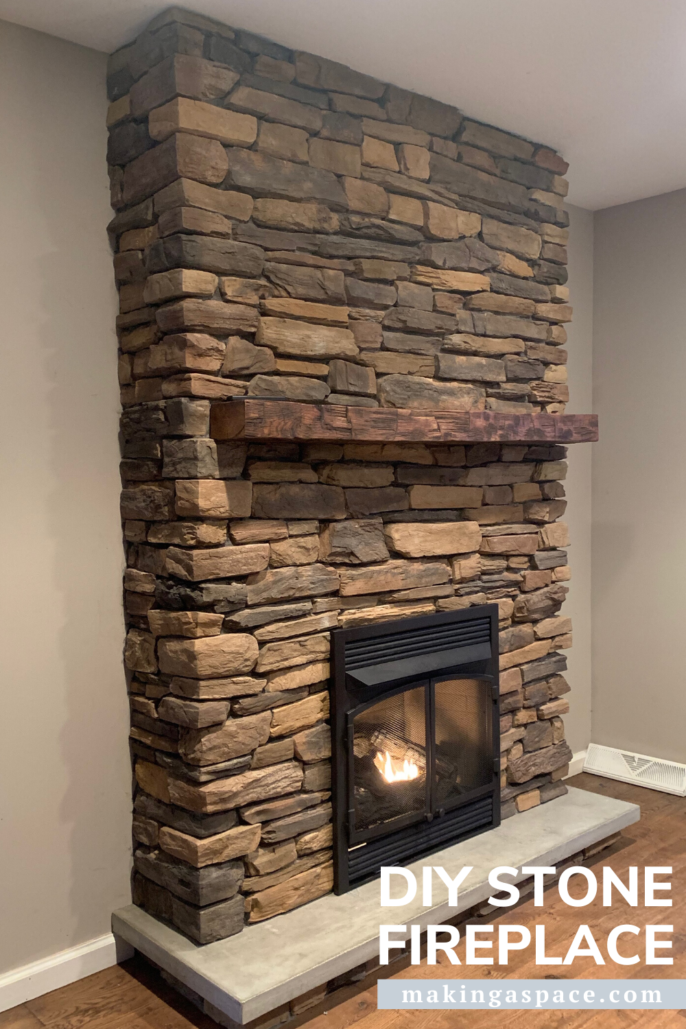 Stone Fireplace with Barnwood Mantle DIY