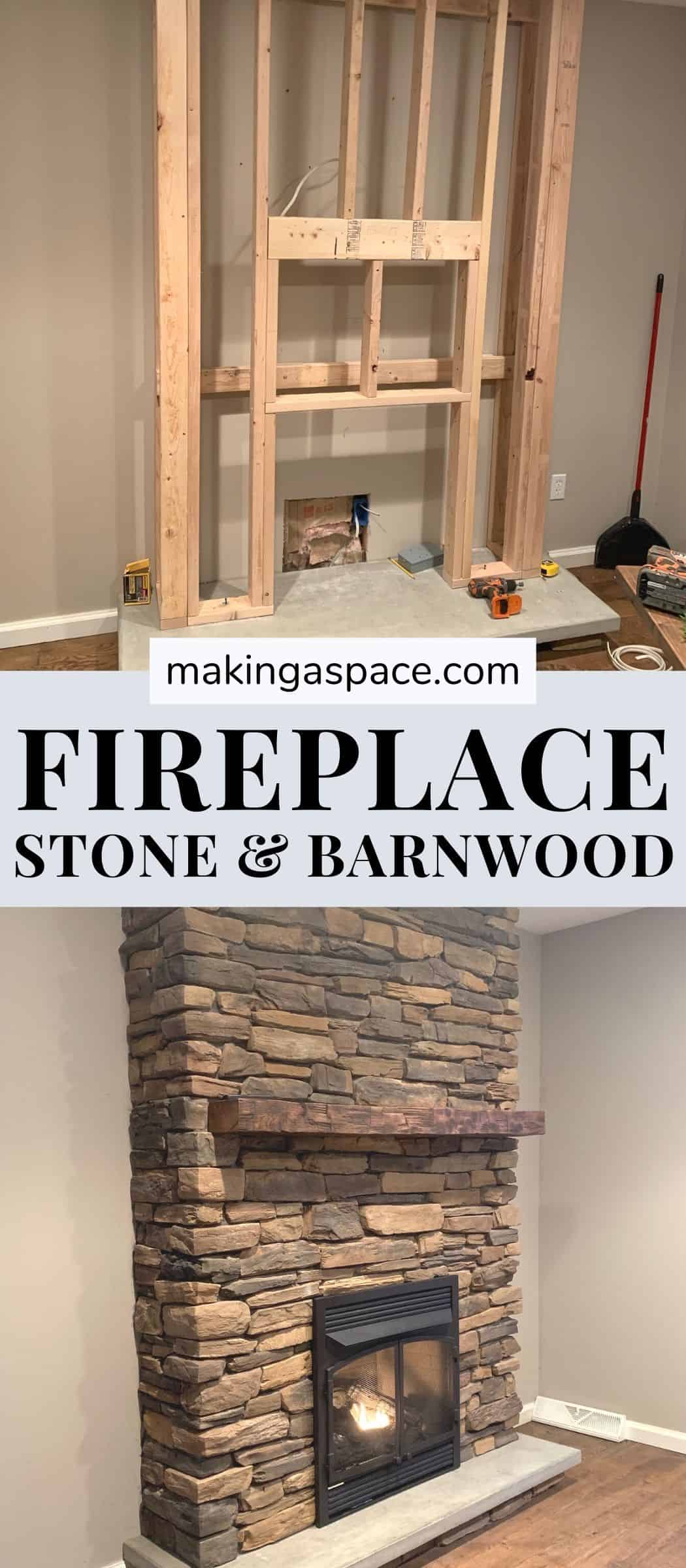 DIY fireplace with stone and barnwood 